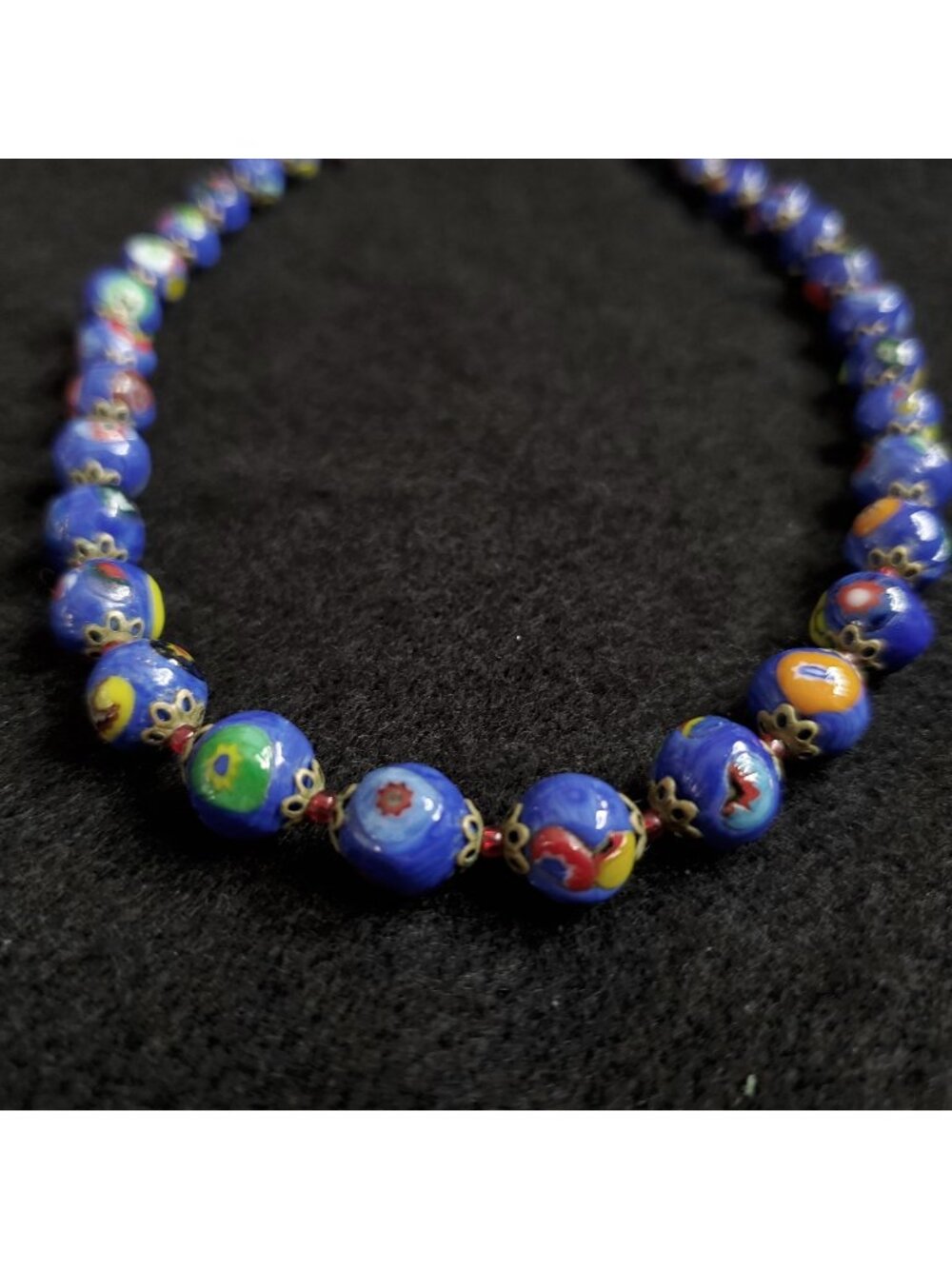 Venetian Millefiori Glass Beaded Necklace Blue 21"